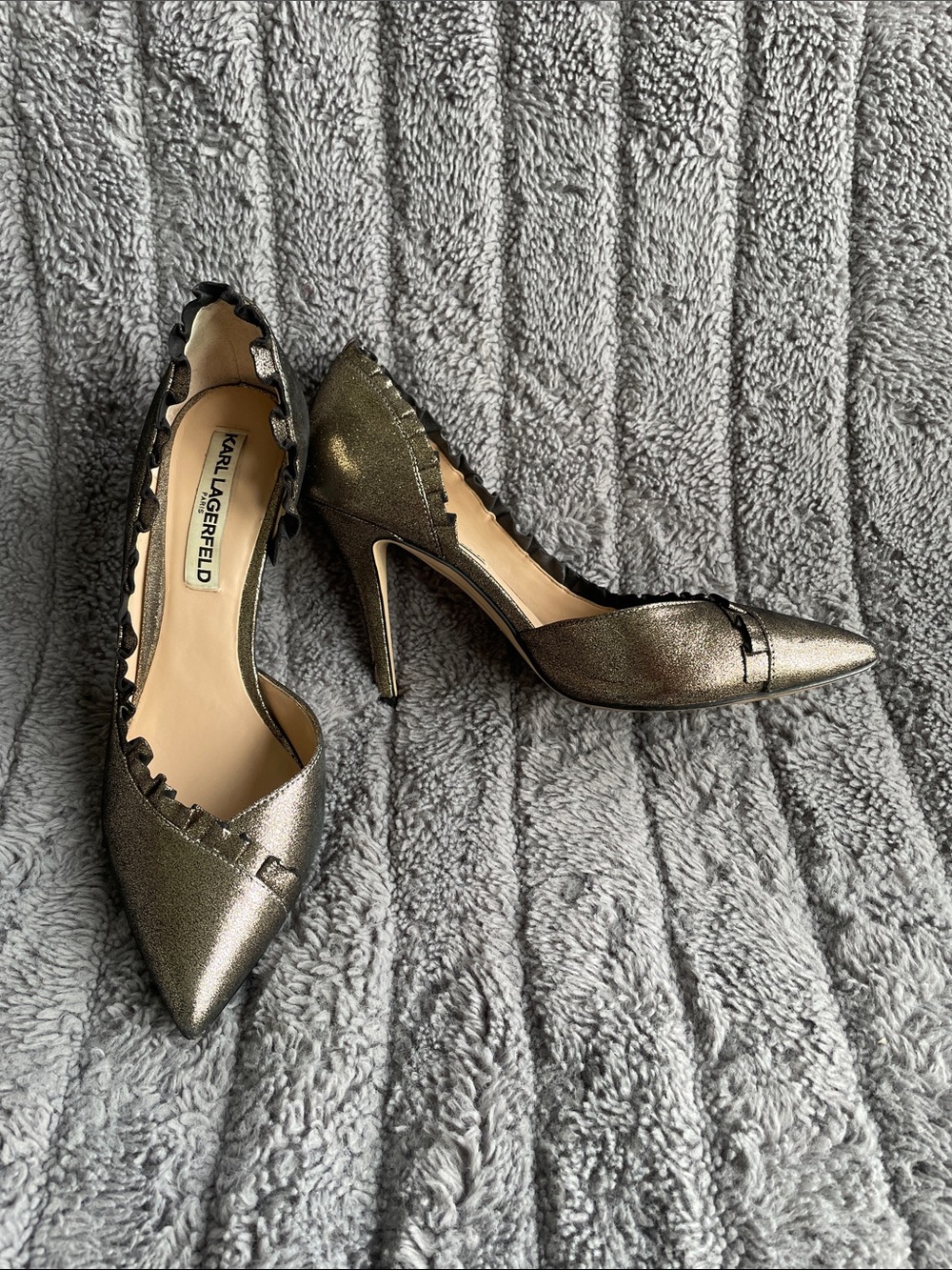 Karl Lagerfeld Metallic Bronze Pointed Toe Scalloped Trim Stilettos